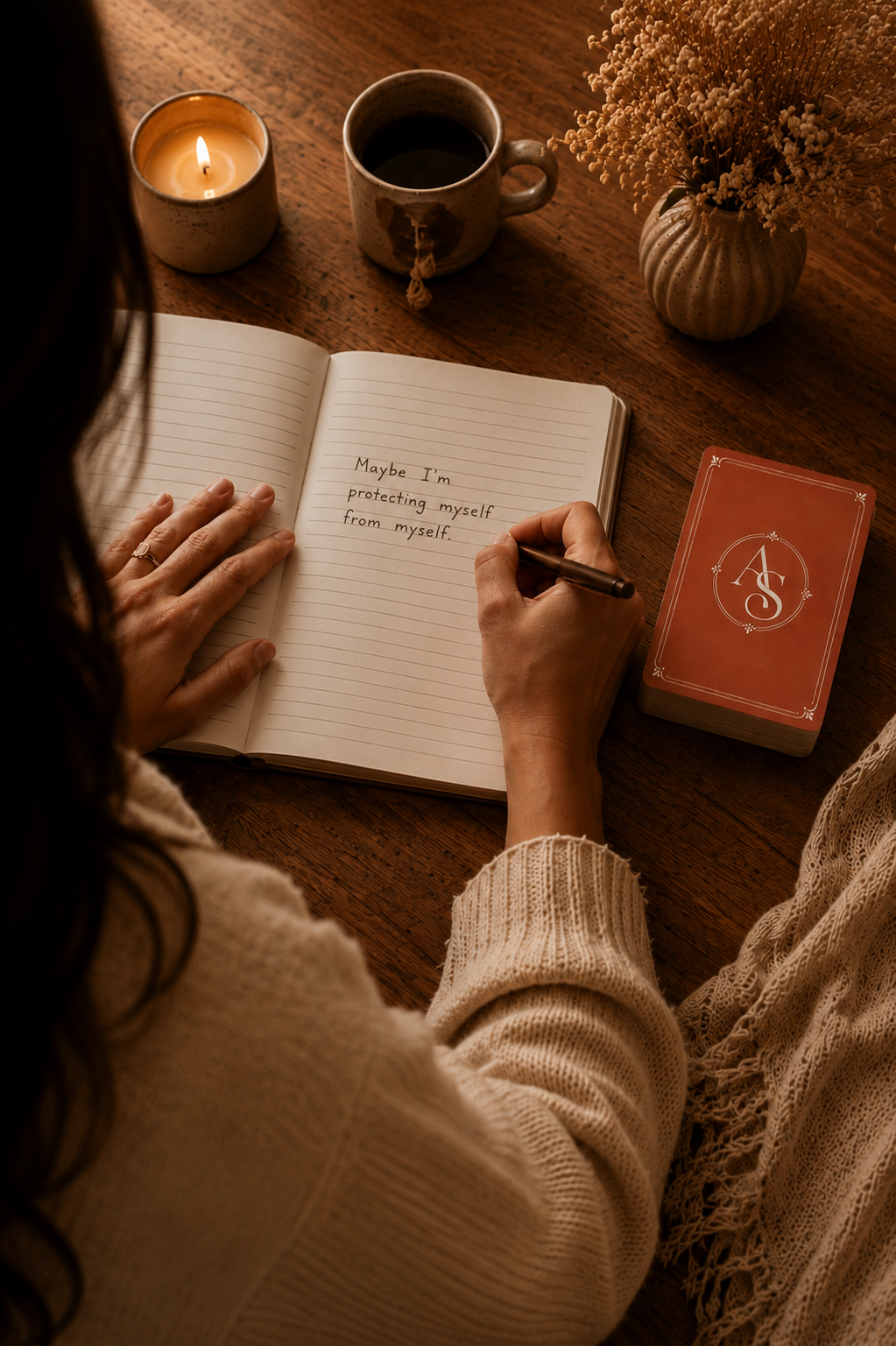 A person journaling in an open notebook at a dark wood table, pen in hand, with a lit candle, coffee mug, dried flowers, the terracotta AS deck, and a cream knit throw in warm candlelight.