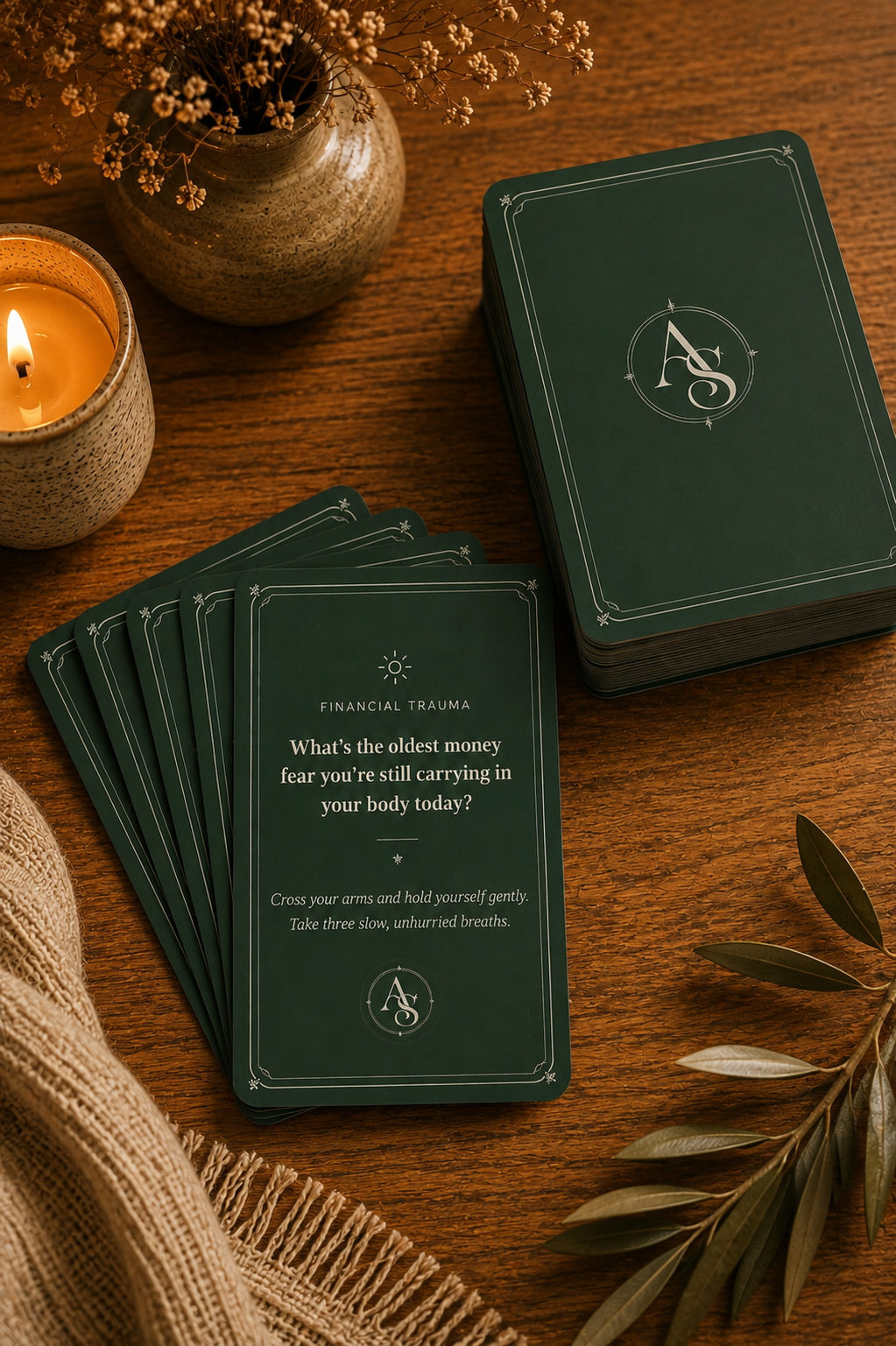 Money & Abundance Deck — deep green cards fanned out on a warm wood table