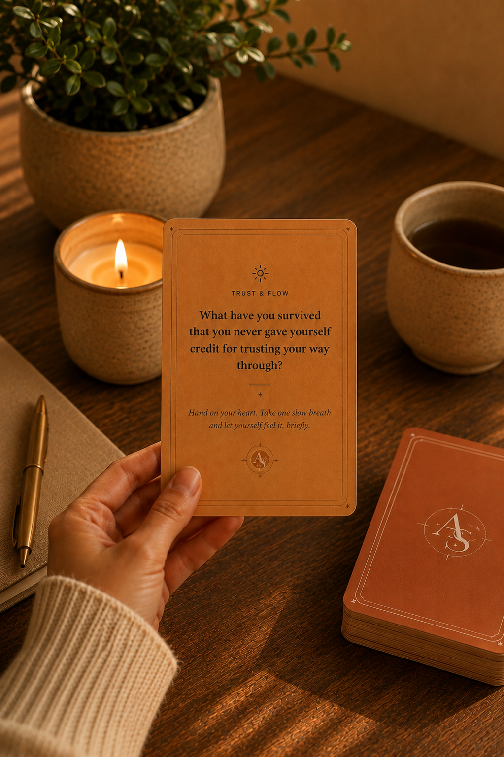 Hand holding a Trust & Flow practice card above a wood table with a lit candle, potted plant, journal and pen, cup of tea, and the terracotta Awakened Body Deck in warm afternoon light