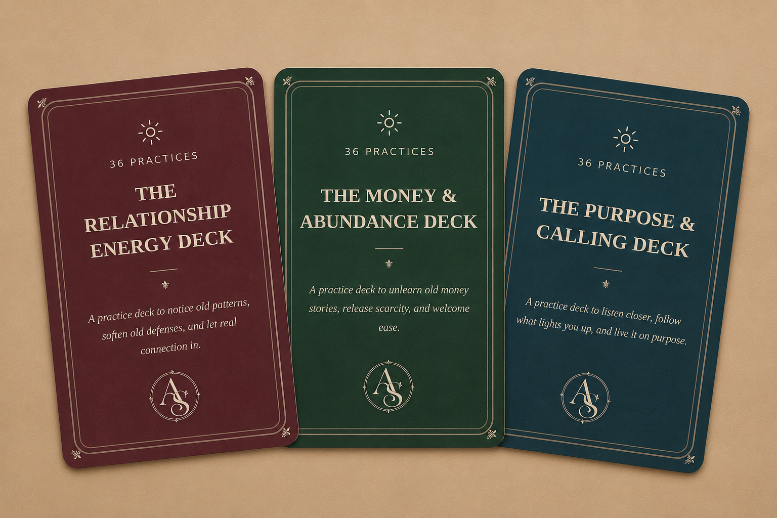 The Collection — three decks: Relationship Energy (burgundy), Money & Abundance (forest green), and Purpose & Calling (deep teal)